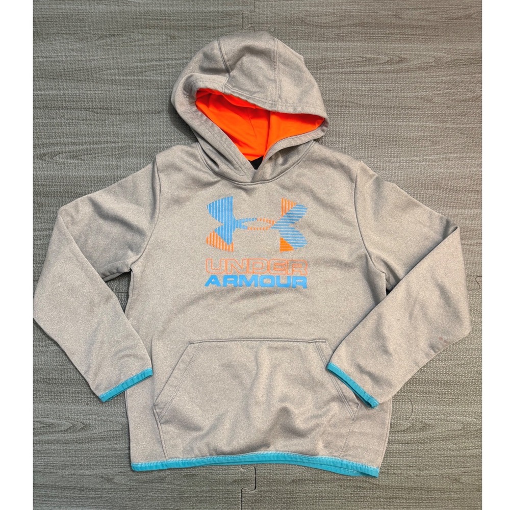 Under Armour Boys ColdGear Hoodie Grey Orange Blue Graphic Logo Size Youth M